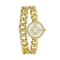 Luxurious gold-tone quartz watch with crystal-encrusted bezel and double cuban chain bracelet - Gold