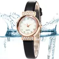 Elegant ladies quartz watch with black leather strap and rhinestone decorated gold case - Black