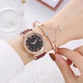 Women's rose gold watch and starry sky dial with matching star charm bracelet set - Watch Bracelet / Red