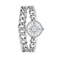 Detail of silver chain bracelet watch with rhinestone bezel and Roman numeral dial - Silver