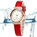 Elegant ladies quartz watch with red leather strap and rhinestone encrusted rose gold case - Red