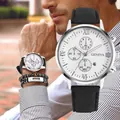 Classic Geneva men's quartz watch with white Roman numeral dial and black leather strap - Watch With Bracelets / Silver Case White Dial Black Strap