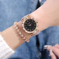 Reloj de cuarzo para mujer oro rosa con esfera de estrella, correa rosa y pulsera de corazón - Reloj Y Pulsera / Rosa