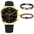 Close-up of Geneva men's business watch set with tiger eye beads and crown charm bracelet - Watch With Bracelets / Gold Case Black Dial Black Strap