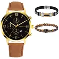 Close-up of Geneva men's quartz watch with brown leather strap and two beaded bracelets - Watch With Bracelets / Gold Case Black Dial Brown Strap