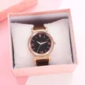 Detail of starry sky dial watch with mesh band and matching pink textured gift box - Coffee Watch With Case