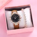 Detalle del reloj con esfera estrellada y pulsera de corazón en caja de regalo rosa - Reloj Pulsera Y Caja De Regalo / Marrón
