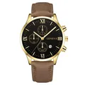 Detail of Geneva quartz watch featuring a Roman numeral black dial and leather strap - Watch Only / Gold Case Black Dial Brown Strap