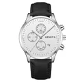Close-up of Geneva men's business watch with Roman numerals and calendar window - Watch Only / Silver Case White Dial Black Strap