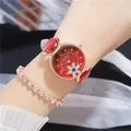 Women's quartz watch and heart bracelet set with red leather strap and snowflake dial - Watch And Bracelet / Red