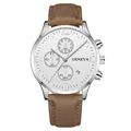 Detailed macro view of Geneva men's business quartz watch with white dial and brown leather strap - Watch Only / Silver Case White Dial Brown Leather Strap