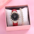 Reloj de mujer en oro rosa con correa de cuero roja y pulsera de corazón en caja de regalo - Reloj Pulsera Y Caja De Regalo / Rojo