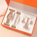 Luxury rose gold women watch set with crystal necklace and bracelet in orange gift box - Watch Necklace Bracelet Earrings And Ring Set With Gift Box