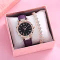 Vista detallada del set de reloj para mujer y pulsera de corazón en caja de regalo rosa - Reloj Pulsera Y Caja De Regalo / Púrpura