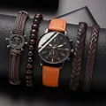 Men's business quartz watch set with anchor bracelet and woven leather wristbands - Brown Ribbon With Black Face And Rose Gold Needles - Set (without Box)