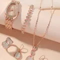 Luxury rose gold 5-piece jewelry set with snake head watch and heart crystal bracelet - Watch Necklace Bracelet Earrings And Ring Set