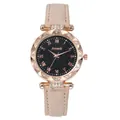 Reloj de cuarzo para mujer con esfera negra estrellada, bisel floral oro rosa y correa beige - Reloj Individual / Beige