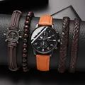 Detail of Geneva quartz watch with leather straps and nautical anchor woven bracelets - Brown Ribbon With Black Face And Silver Needles Set (without Box)