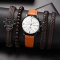 Close-up of Geneva men's business watch set with brown leather straps and beaded bracelets - Brown Trim With White Finish Set (without Box)