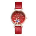 Detailed view of red crocodile pattern leather strap and snowflake dial on women's watch - Watch Only / Red