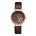 Detail of rose gold watch with brown leather strap and sunburst Roman numeral dial - Watch Only / Brown