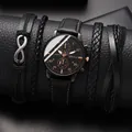 Classic black Geneva men's watch set with four matching bracelets on display - Black Belt Black Face Rose Gold Set (without Box)