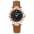 Reloj de mujer en oro rosa con esfera de estrella negra y correa de cuero marrón con pedrería - Reloj Individual / Marrón