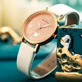 Fashion women's watch with butterfly dial, rose gold case and white leather strap - White