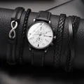 Classic Geneva men's watch set with black leather straps and infinity symbol bracelets - Black Band White Dial Set