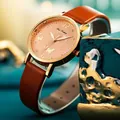 Macro detail of rose gold watch face with embossed butterfly and leather strap texture - Brown