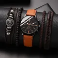 Classic Geneva men's quartz watch with brown leather strap and stylish beaded bracelets - Brown Band Black Dial Rose Gold Hands Set