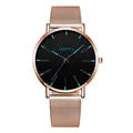 Minimalist men's rose gold mesh watch with black dial and blue pointers on white background - Rose Gold Case Blue Needle Rose Gold Strap