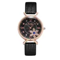 Fashion rose gold watch with black leather strap and snowflake charm on dial - Watch Only / Black