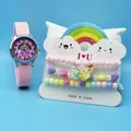 Pink cartoon kids watch and beaded bracelet set with rainbow heart patterns - Pink Heart
