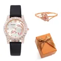 Women's rose gold watch and butterfly bracelet set with crystals in an orange gift box - Black Watch And Bracelet (With Gift Box)