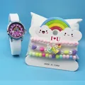 Kids watch set featuring pink rainbow dial and three colorful beaded bracelets with charms - White Heart