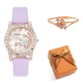 Close-up of elegant purple leather watch and sparkling butterfly bangle in a gift box - Violet Watch And Bracelet (With Gift Box)