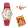 Luxury Amadi women's red leather watch with dolphin dial and crystal butterfly bracelet - Red Watch And Bracelet (With Gift Box)