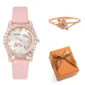 Luxury rose gold dolphin watch with pink leather strap and butterfly bracelet gift set - Pink Watch And Bracelet (With Gift Box)