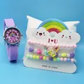Detail of girls' quartz watch set with rainbow heart dial and three beaded bracelets - Purple Heart