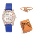 Luxury rose gold dolphin watch with blue leather strap and butterfly bracelet set - Blue Watch And Bracelet (With Gift Box)