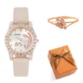 Luxury beige leather watch and rose gold butterfly bracelet set in orange gift box - Beige Watch And Bracelet (With Gift Box)