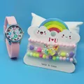Pink cartoon kids watch set with rainbow flower charms and beaded bracelets on display - Pink Flower