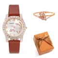 Elegant dolphin dial quartz watch with butterfly bracelet set in orange gift box - Dark Brown Watch And Bracelet (With Gift Box)