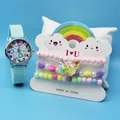Light blue kids watch set with colorful beaded heart and butterfly sequin bracelets - Blue Flower
