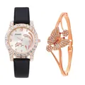 Detailed close-up of rose gold watch and sparkling butterfly bracelet set with gems - Black Watch + Butterfly Bracelet