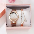 Women's rose gold quartz watch with starry sky dial and matching star bracelet in gift box - Watch Bracelet Gift Box Set / Rose Gold