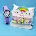Cute kids watch set with purple silicone strap, floral dial and beaded heart bracelets - Purple Flower
