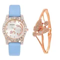 Close-up of luxury rhinestone watch with blue strap and sparkling butterfly bracelet - Sky Blue Watch + Bracelet