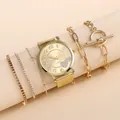 Set orologio al quarzo dorato con cinturino a rete, quadrante a cuore e cinque bracciali - Orologio E Bracciali / Oro